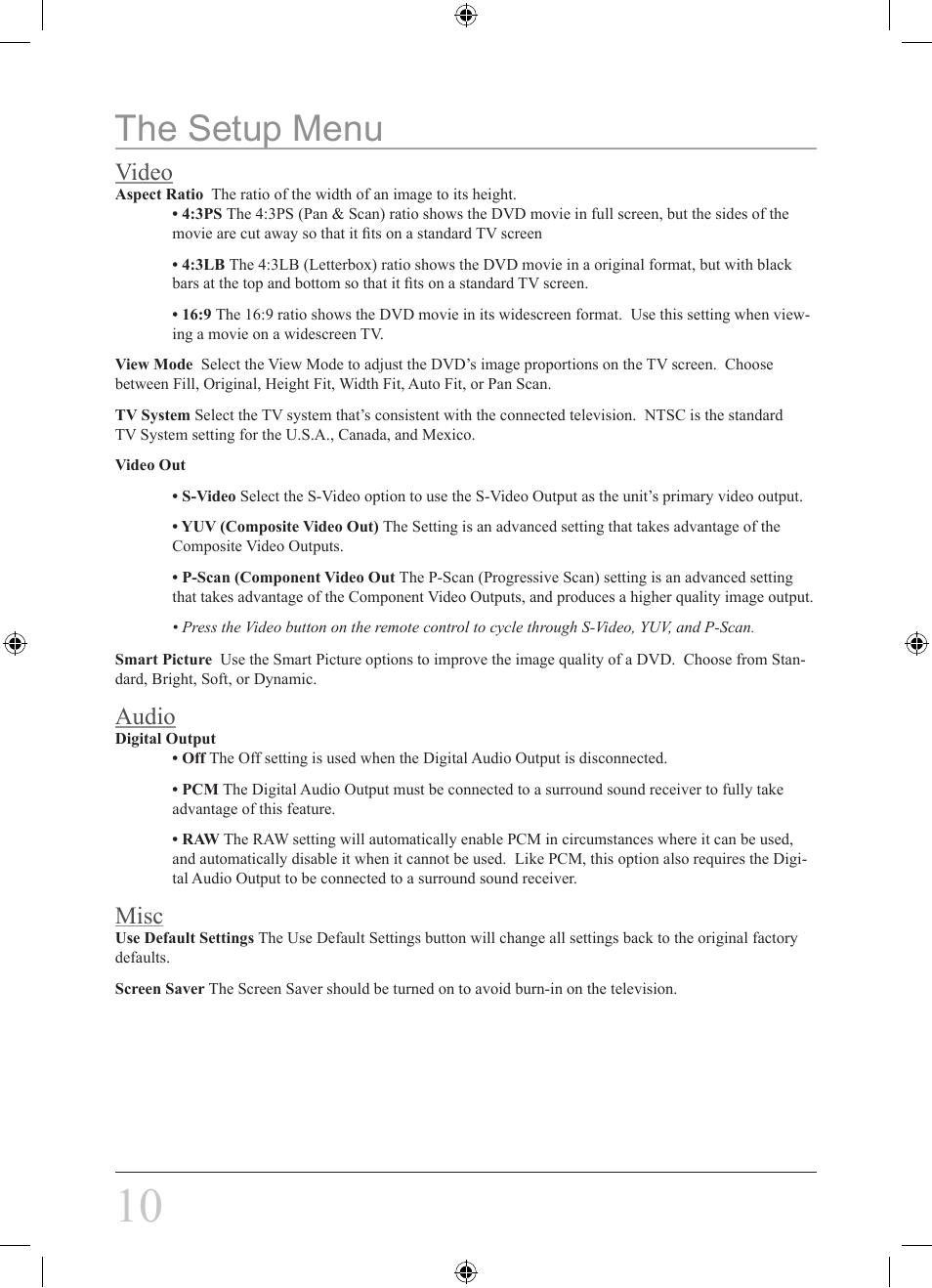 The setup menu, Video, Audio | Misc | GPX D1307 User Manual | Page 10 / 12