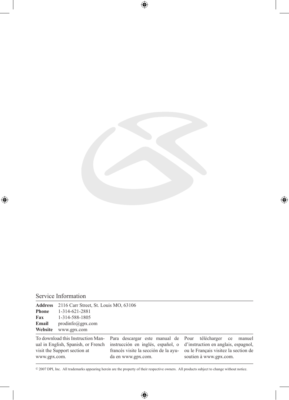 Service information | GPX D1307 User Manual | Page 12 / 12