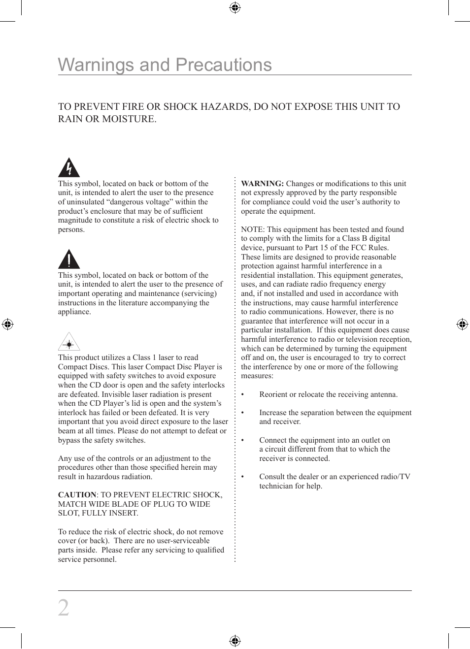 Warnings and precautions | GPX D1307 User Manual | Page 2 / 12
