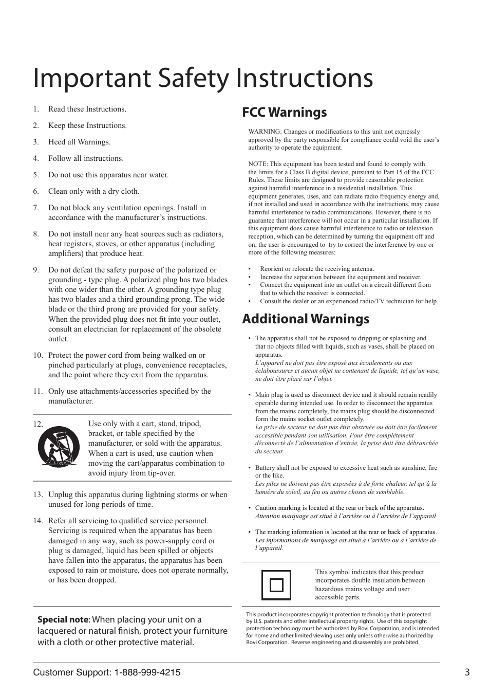 Important safety instructions, Fcc warnings additional warnings | GPX ONNPD7711B User Manual | Page 3 / 16