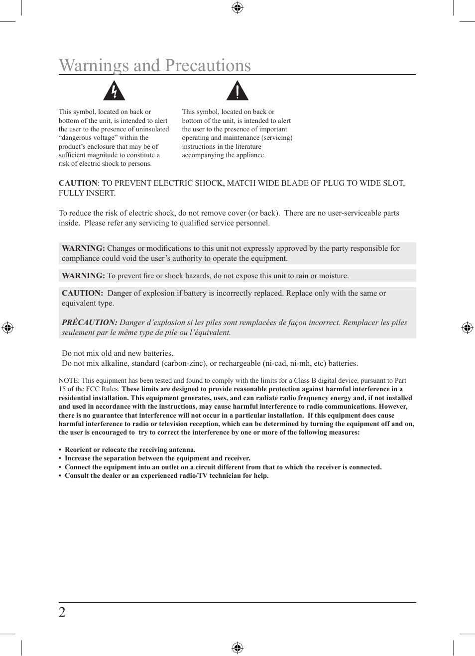 Warnings and precautions | GPX HM109B User Manual | Page 2 / 8