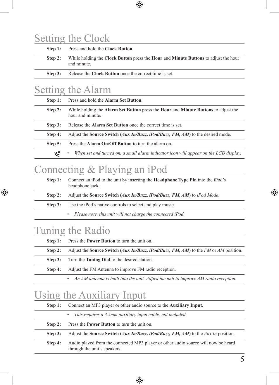 Setting the clock, Setting the alarm, Connecting & playing an ipod | Tuning the radio, Using the auxiliary input | GPX HM109B User Manual | Page 5 / 8