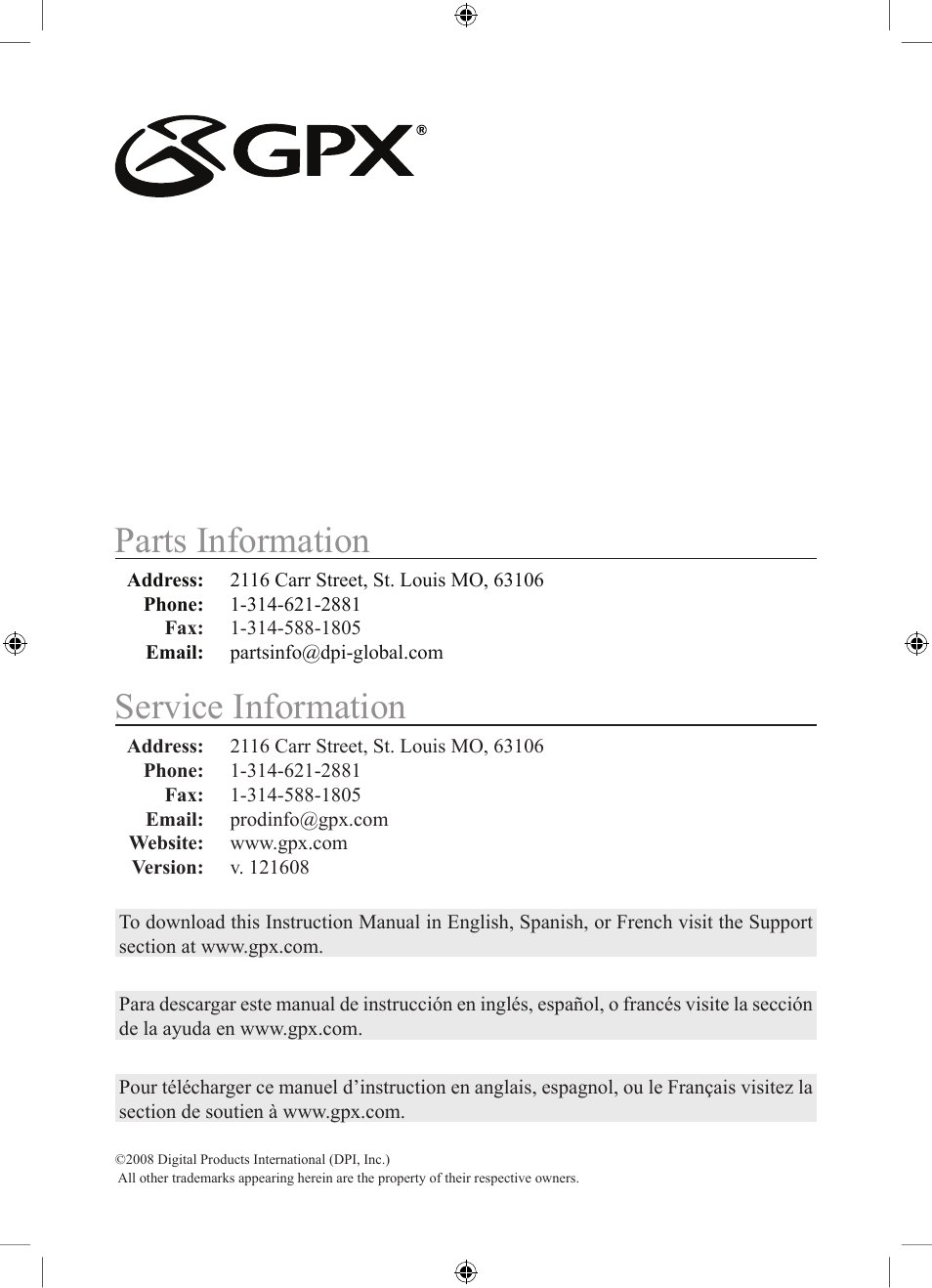 Service information, Parts information | GPX HM109B User Manual | Page 8 / 8
