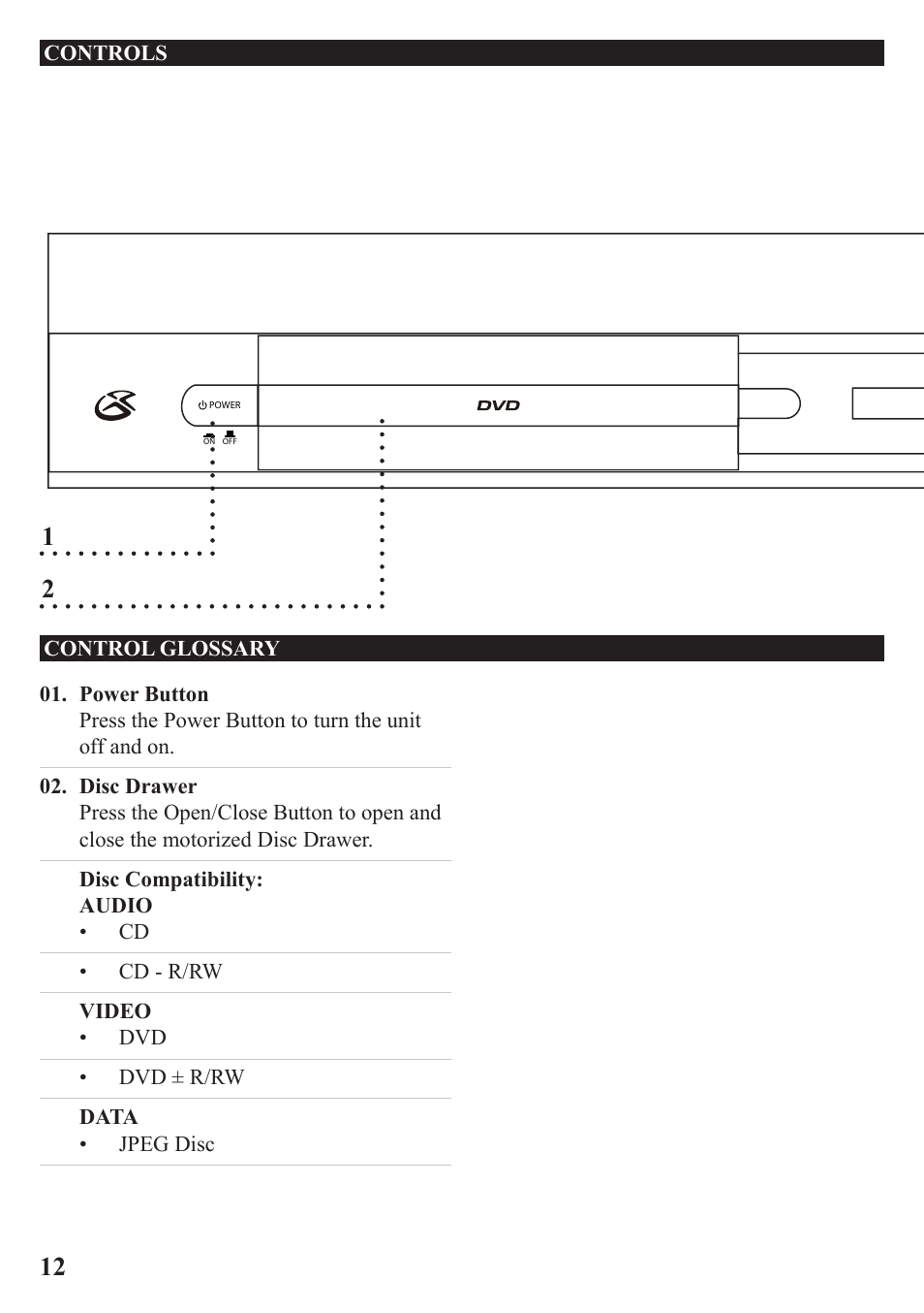 Controls control glossary | GPX HT219B User Manual | Page 12 / 20