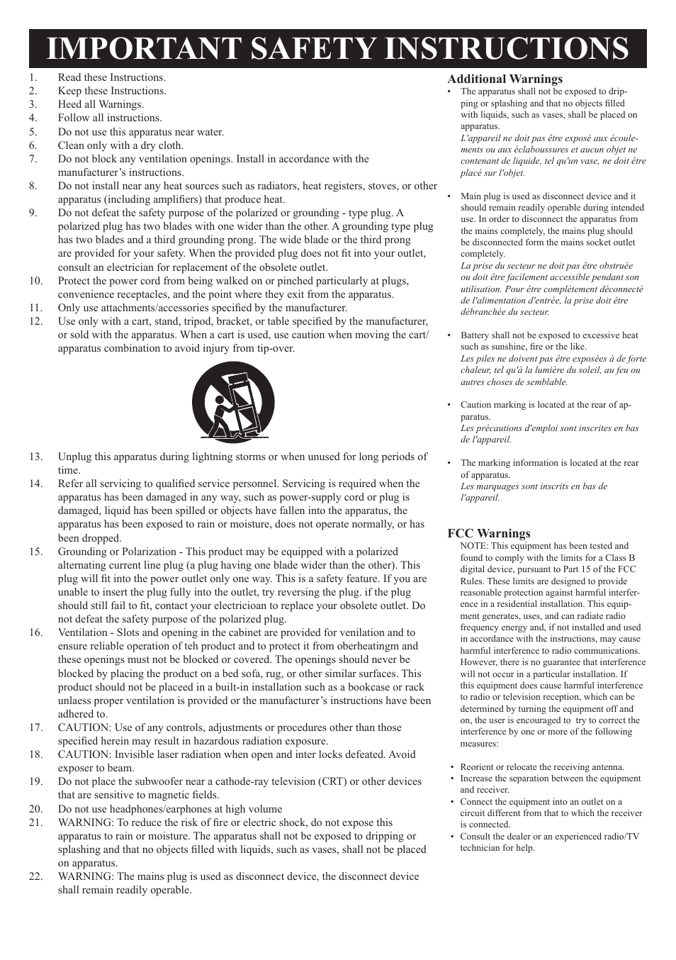 Important safety instructions, Additional warnings, Fcc warnings | GPX HT219B User Manual | Page 3 / 20