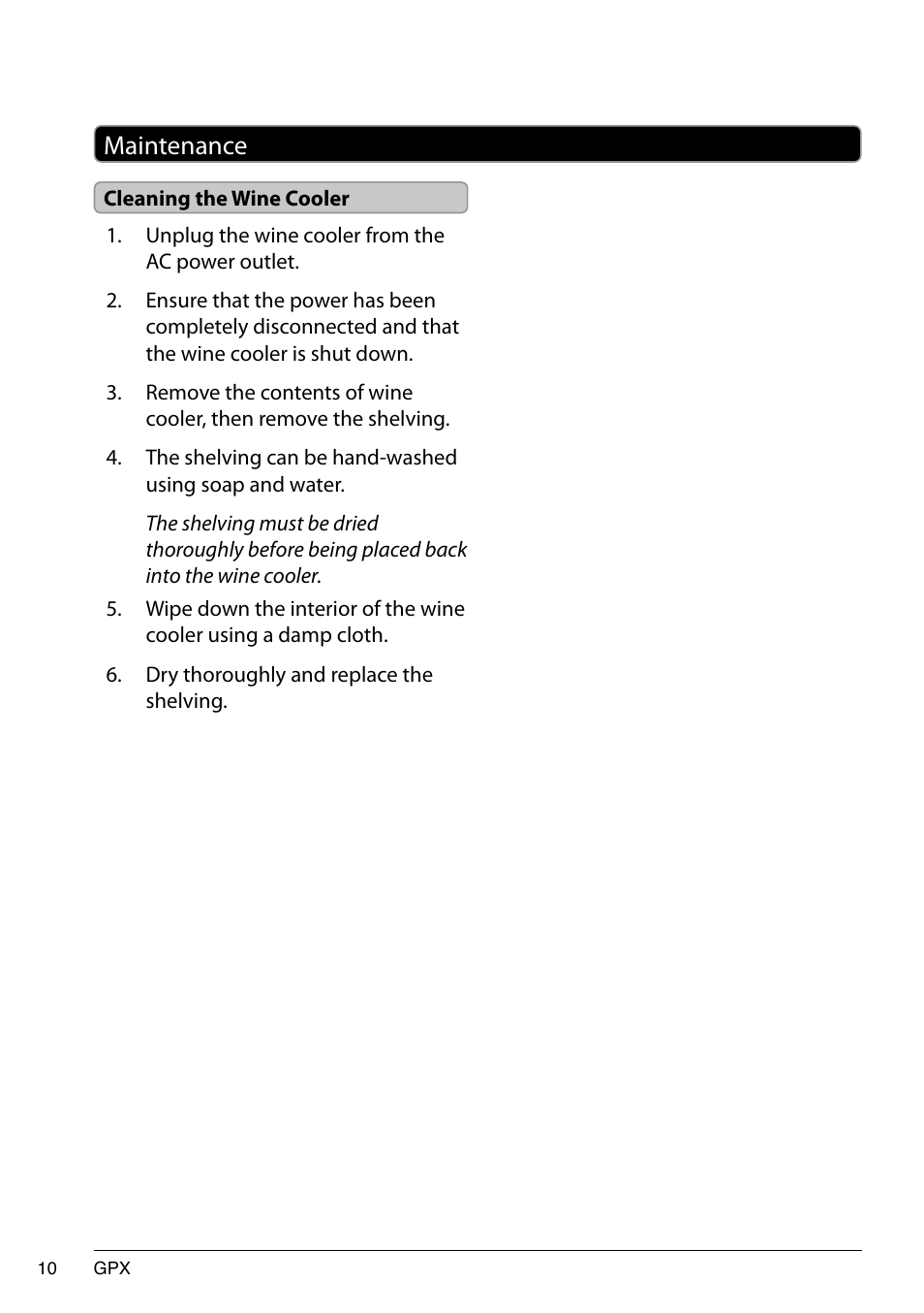 Maintenance | GPX 1536-0810-10 User Manual | Page 10 / 12