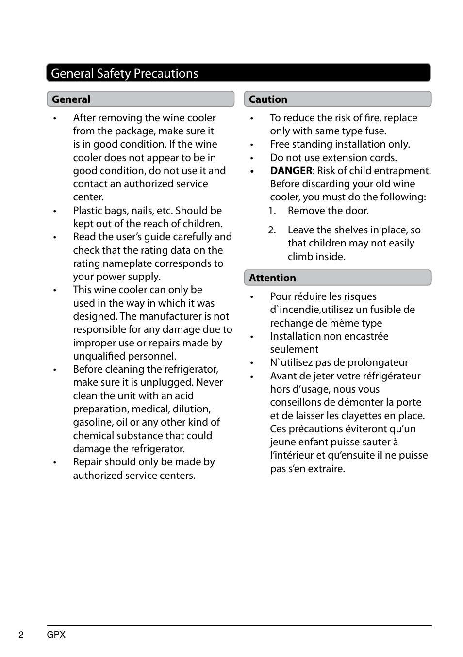 General safety precautions | GPX 1536-0810-10 User Manual | Page 2 / 12