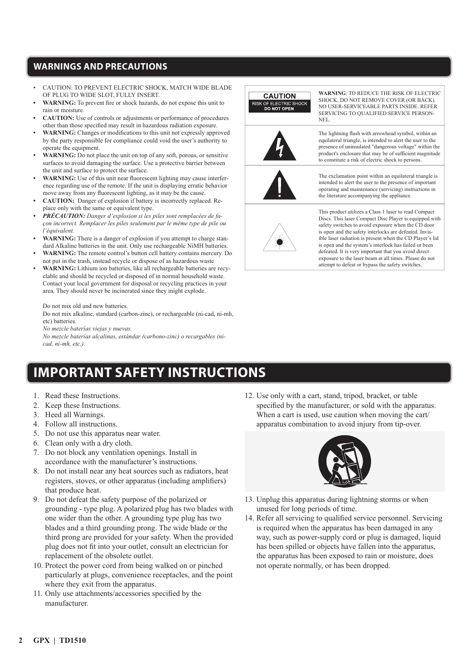 Important safety instructions, Warnings and precautions | GPX TD1510 User Manual | Page 2 / 12
