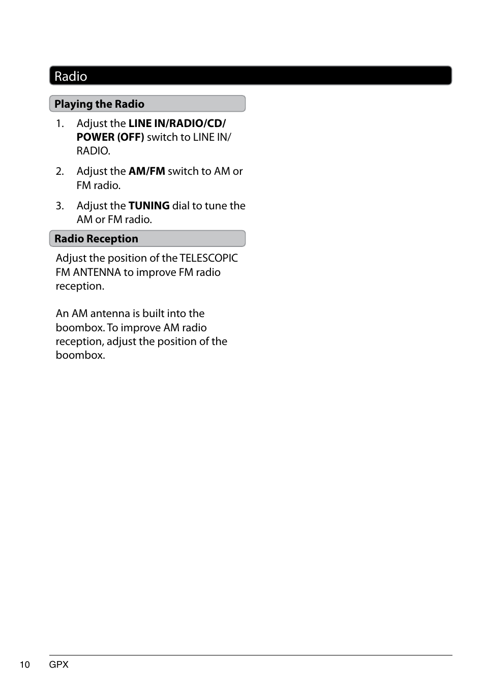 Radio | GPX 1509-0601-10 User Manual | Page 10 / 12
