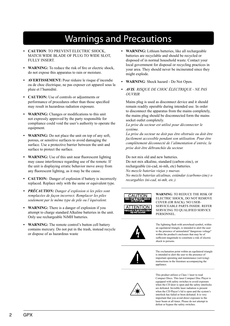 Warnings and precautions, Gpx 2 | GPX 1509-0601-10 User Manual | Page 2 / 12