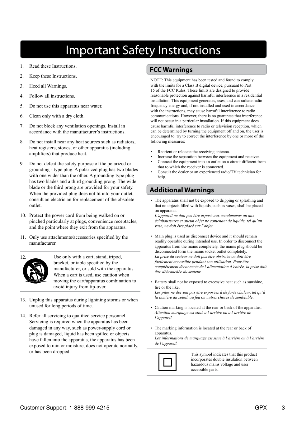 Important safety instructions, Fcc warnings additional warnings | GPX 1509-0601-10 User Manual | Page 3 / 12