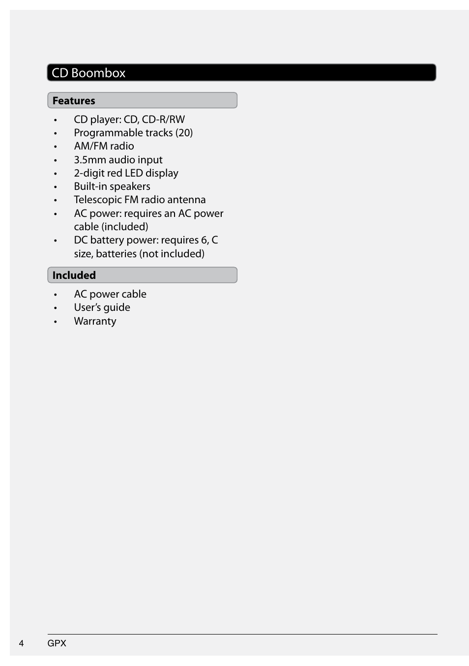 Cd boombox | GPX 1509-0601-10 User Manual | Page 4 / 12