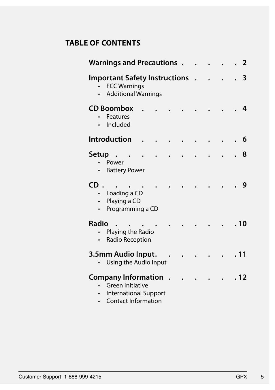 Cd boombox 4, Introduction 6 setup 8, Cd 9 | Radio 10, 3 5mm audio input 11, Company information 12 | GPX 1509-0601-10 User Manual | Page 5 / 12