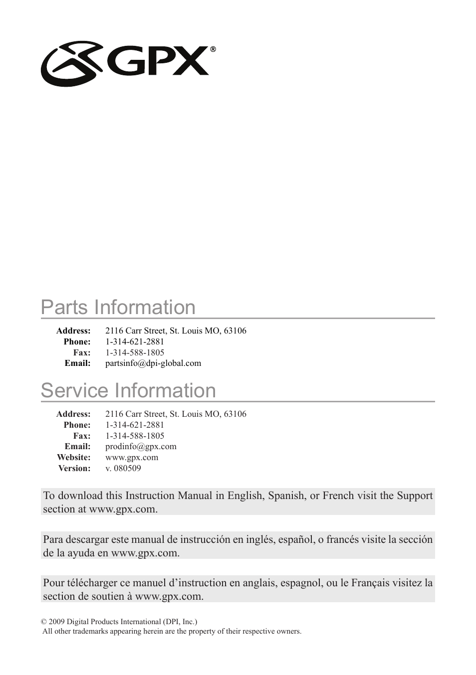 Service information, Parts information | GPX PD908B User Manual | Page 11 / 11