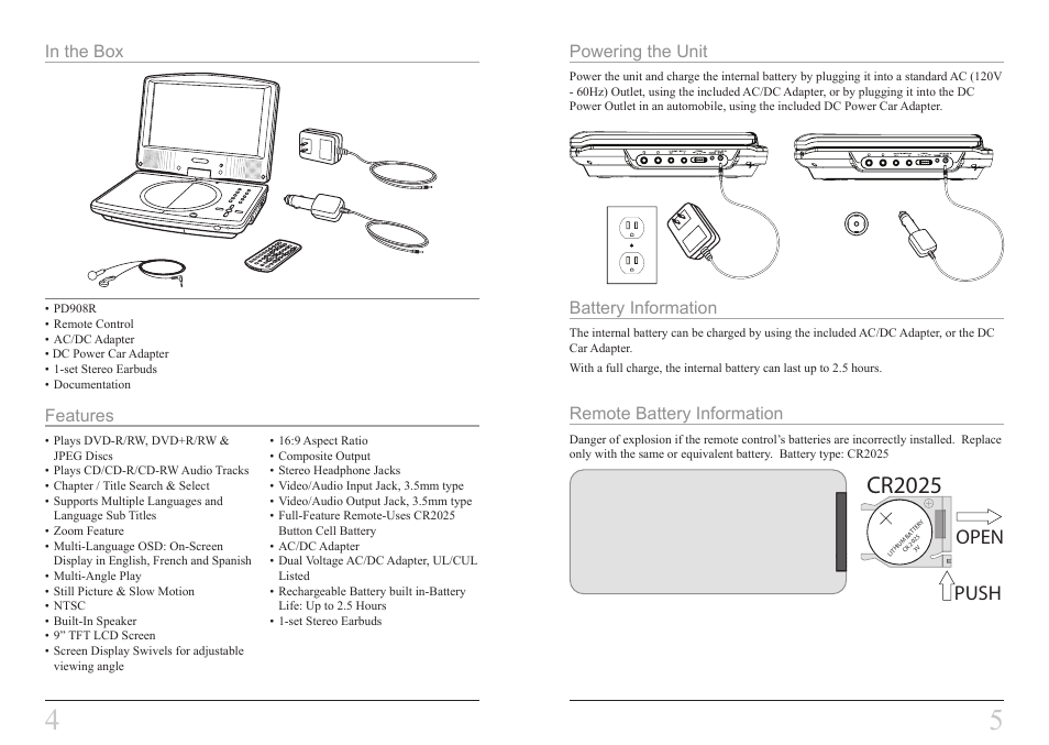 Cr2025, Push open | GPX PD908B User Manual | Page 3 / 11