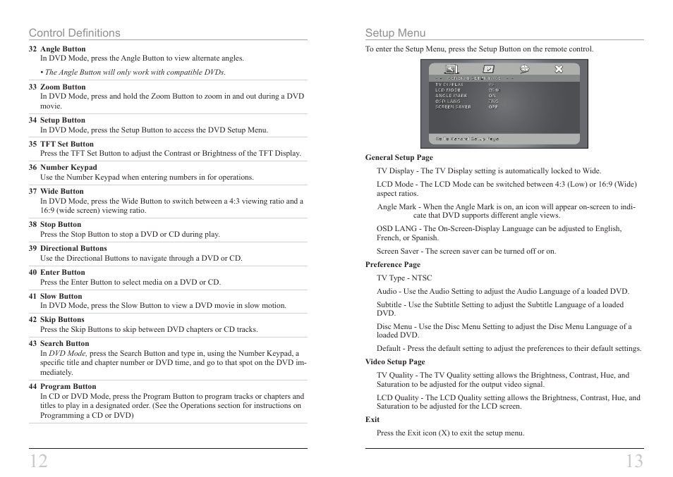 Control definitions, Setup menu | GPX PD908B User Manual | Page 7 / 11