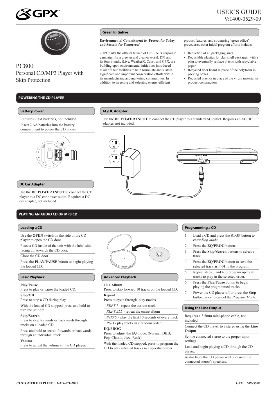 User’s guide, Pc800, Personal cd/mp3 player with skip protection | GPX PC800 User Manual | Page 2 / 2