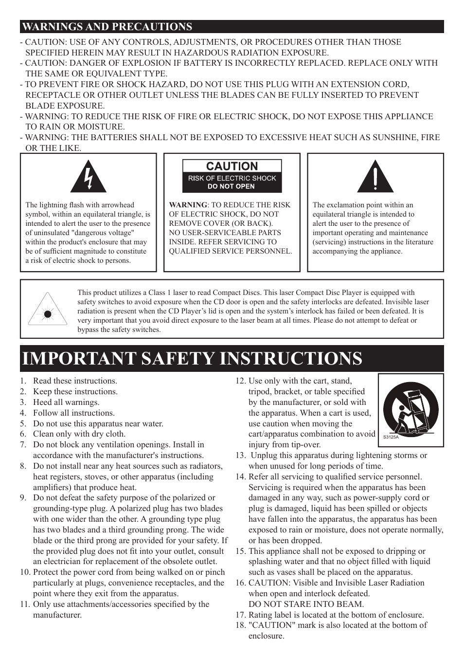 Important safety instructions, Warnings and precautions | GPX PD7709B User Manual | Page 2 / 20