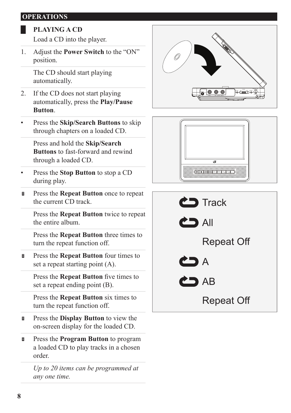 Track all a ab repeat off repeat off | GPX PD7709B User Manual | Page 8 / 20