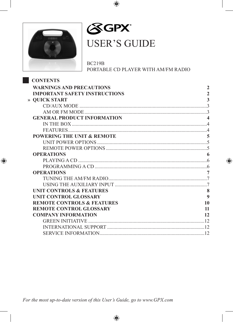 GPX BC219B User Manual | 12 pages