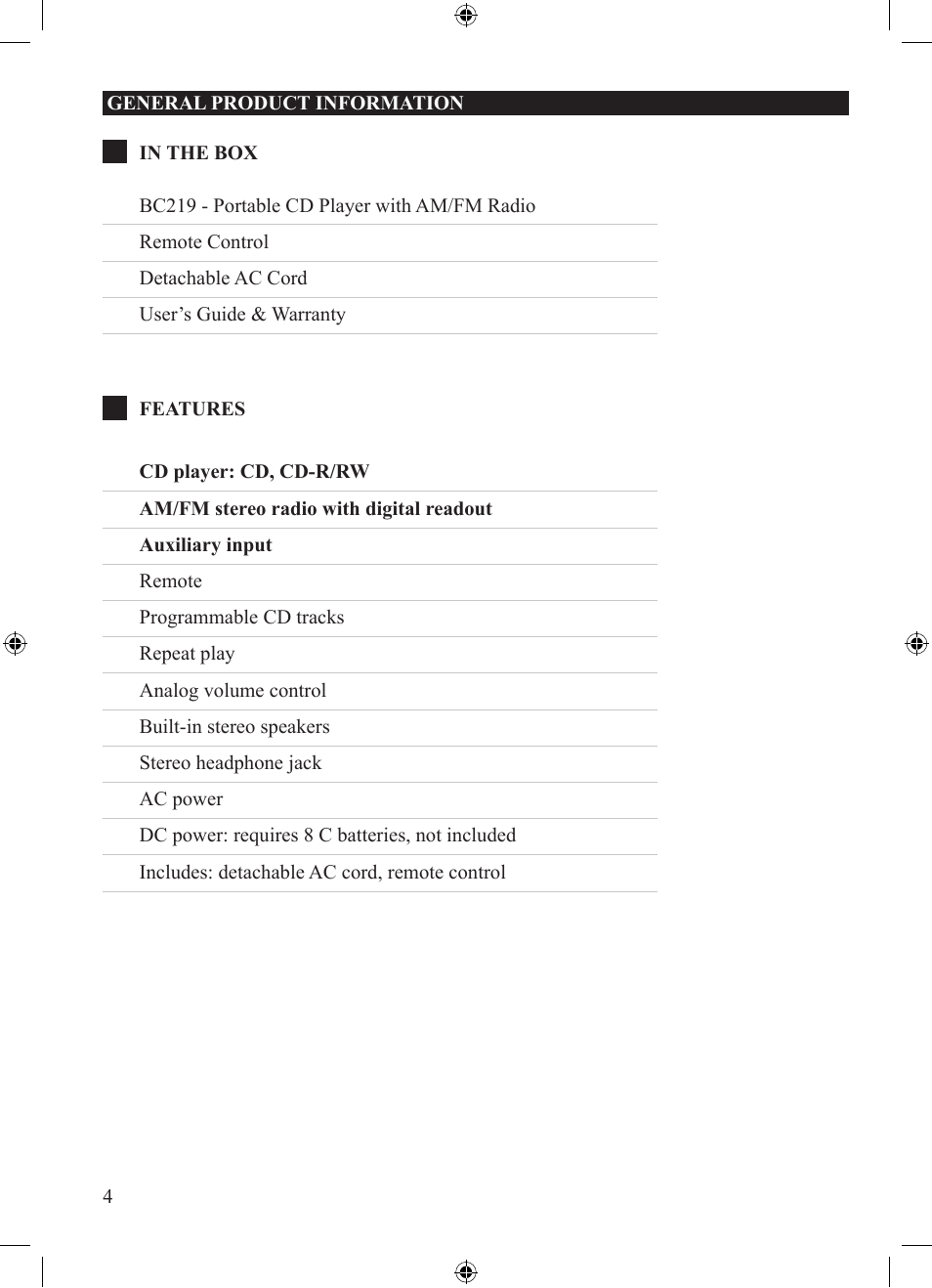 GPX BC219B User Manual | Page 4 / 12