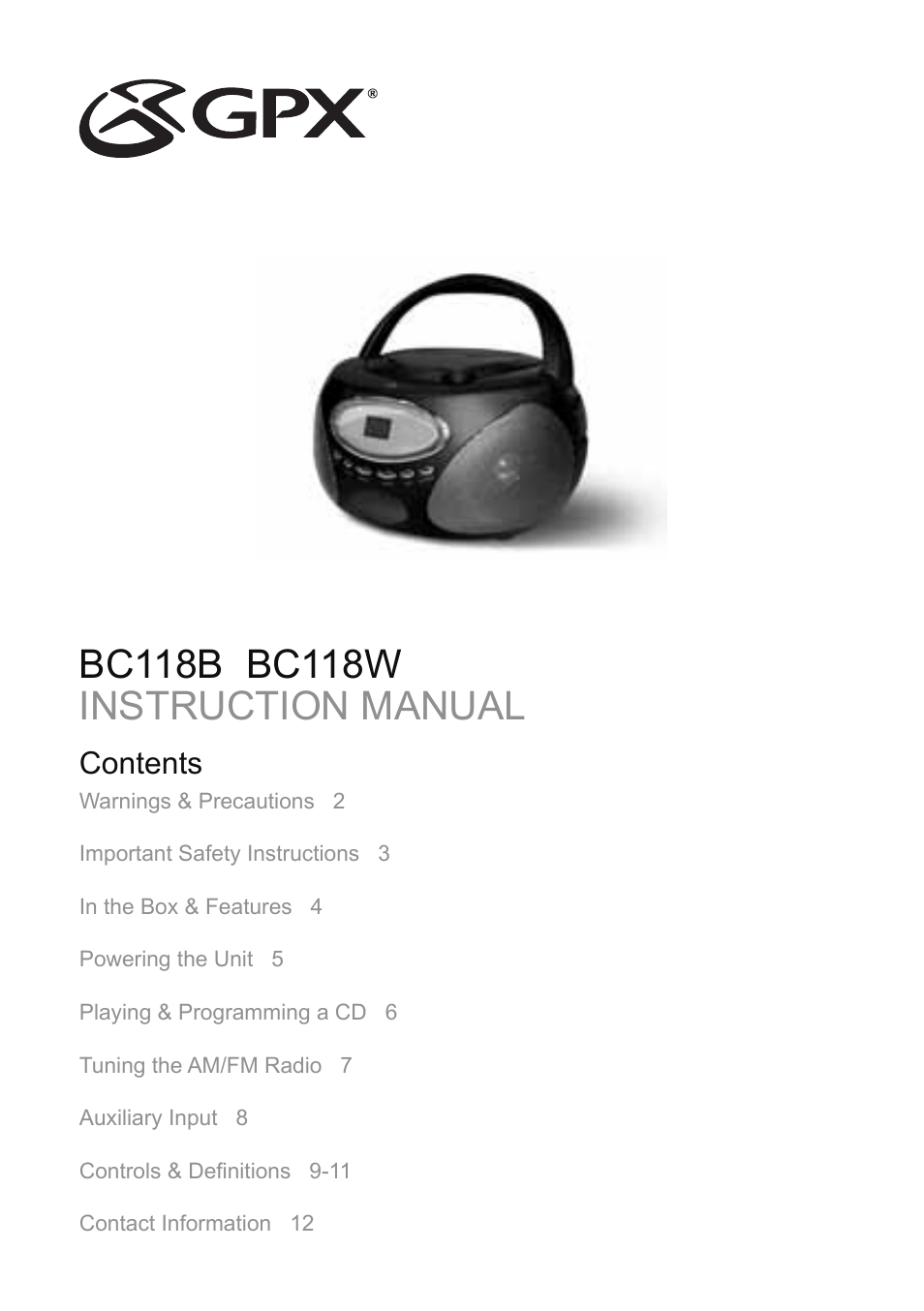 GPX BC118B User Manual | 12 pages