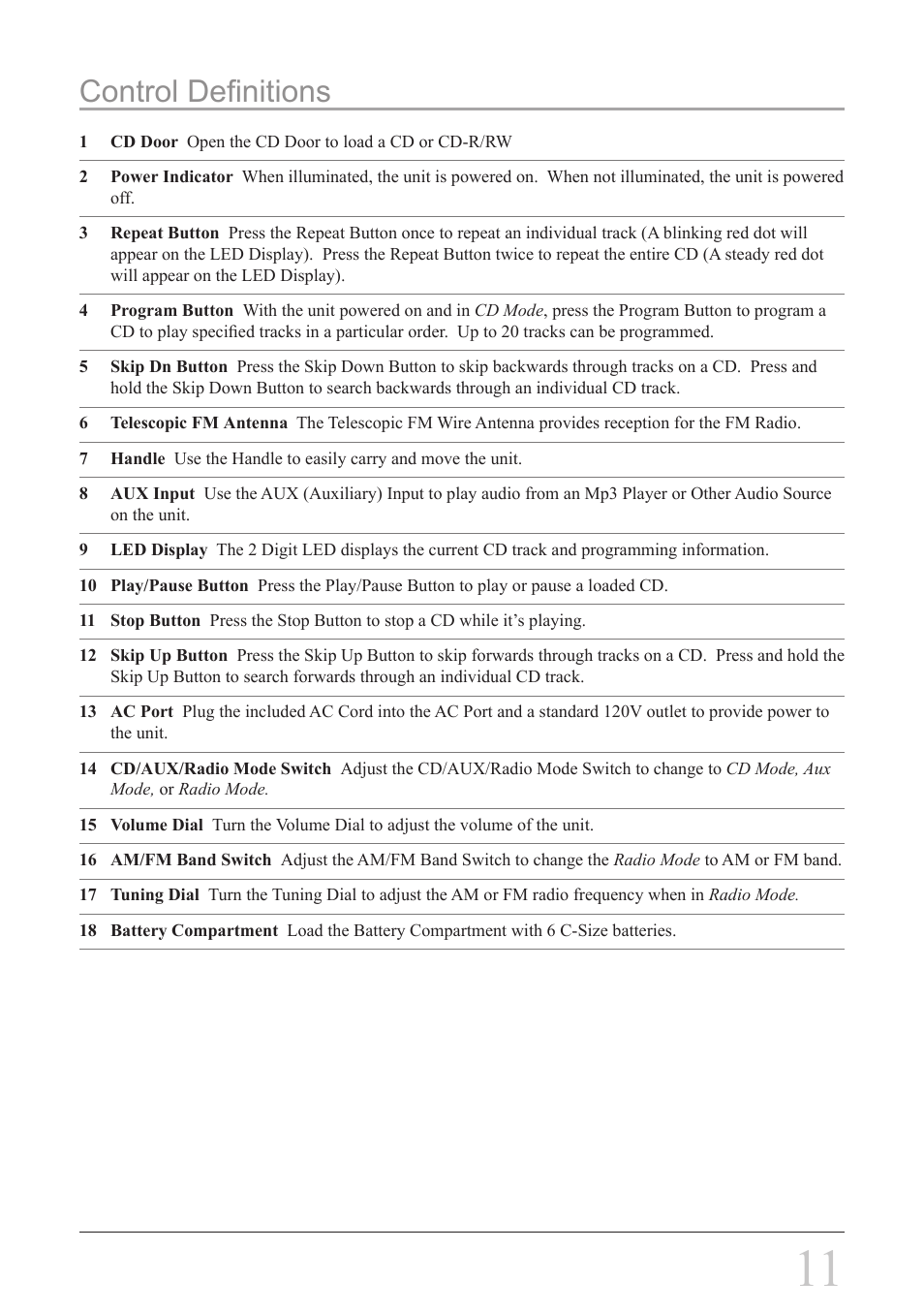 Control definitions | GPX BC118B User Manual | Page 11 / 12