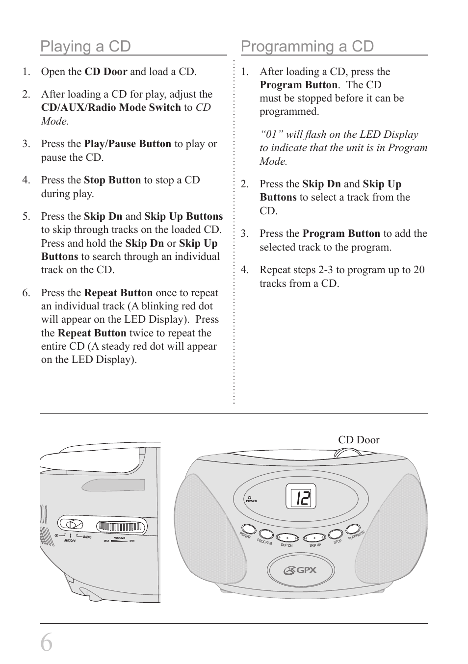 Playing a cd programming a cd | GPX BC118B User Manual | Page 6 / 12