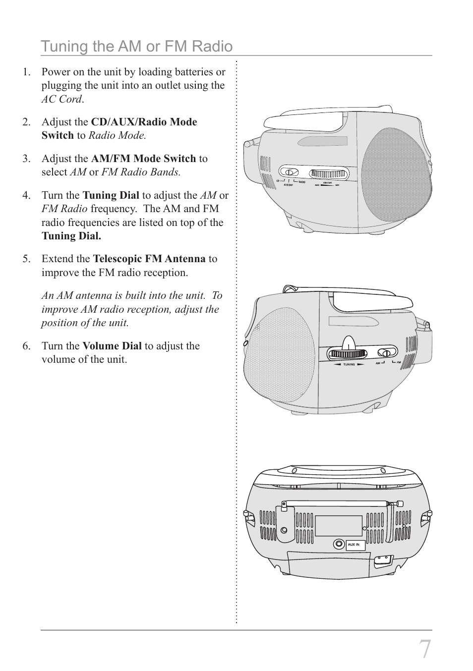 Tuning the am or fm radio | GPX BC118B User Manual | Page 7 / 12