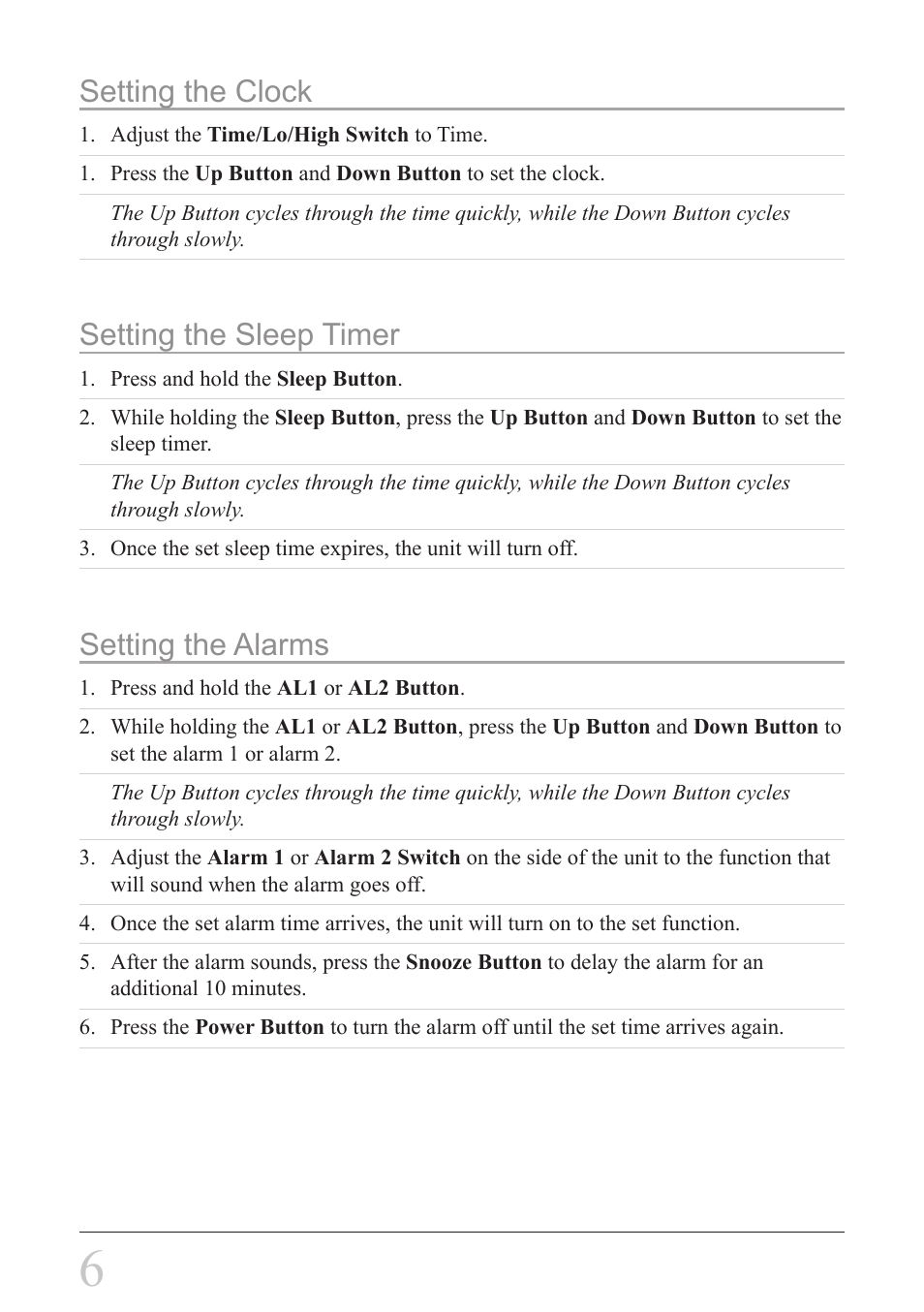 Setting the alarms, Setting the clock, Setting the sleep timer | GPX C308S User Manual | Page 6 / 12