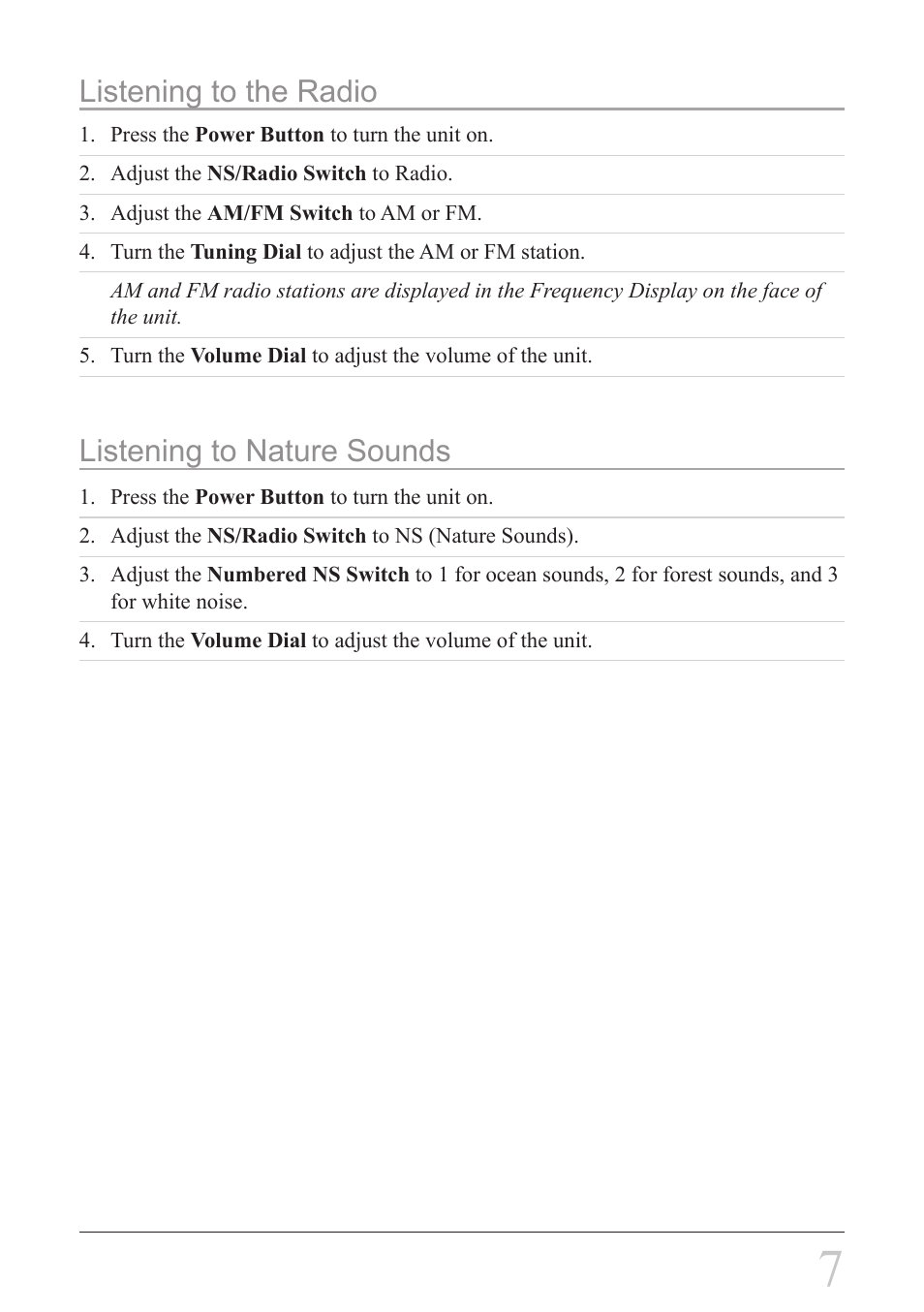 Listening to the radio, Listening to nature sounds | GPX C308S User Manual | Page 7 / 12