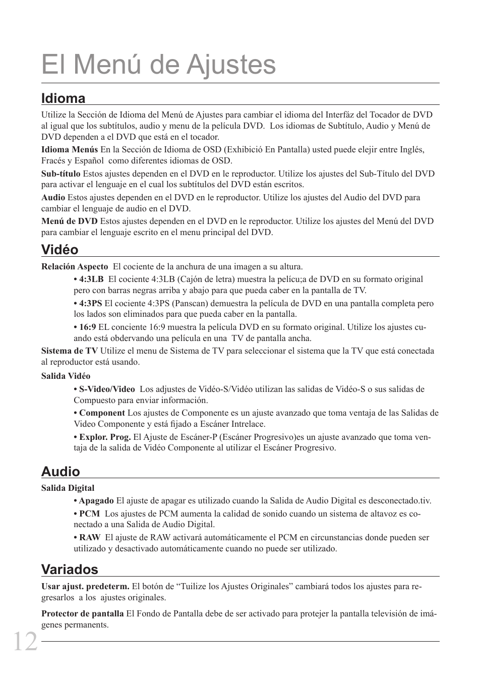 El menú de ajustes, Idioma, Vidéo | Audio variados | GPX D2817 User Manual | Page 12 / 16