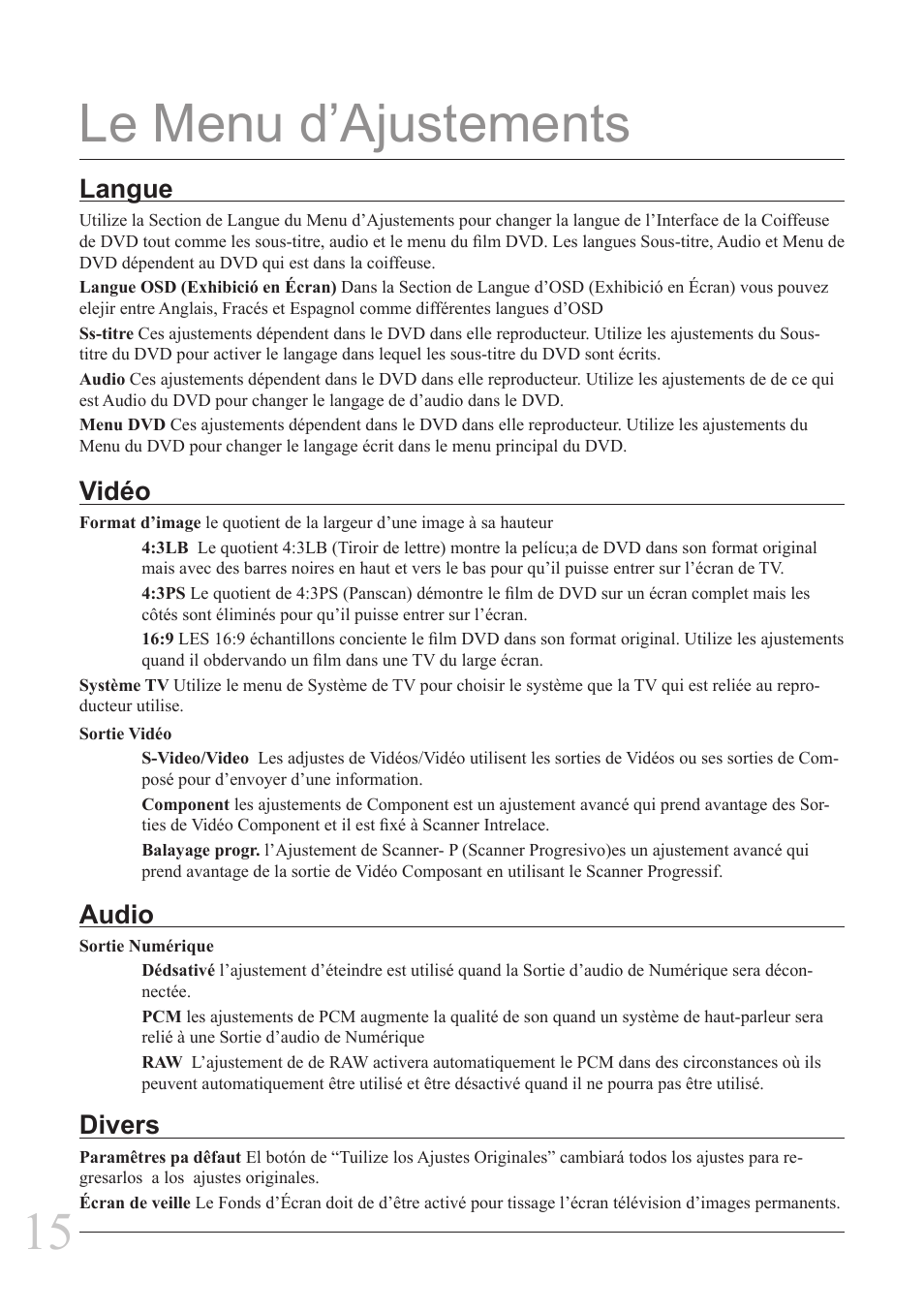 Le menu d’ajustements, Vidéo, Audio divers | Langue | GPX D2817 User Manual | Page 15 / 16