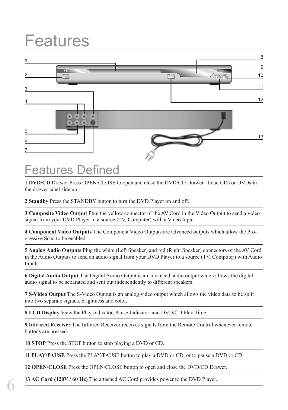 Features, Features defined | GPX D2817 User Manual | Page 6 / 16