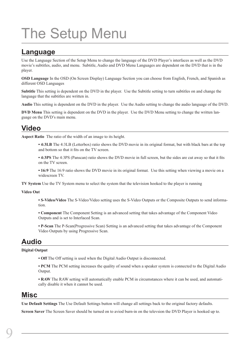 The setup menu, Video, Audio | Misc, Language | GPX D2817 User Manual | Page 9 / 16