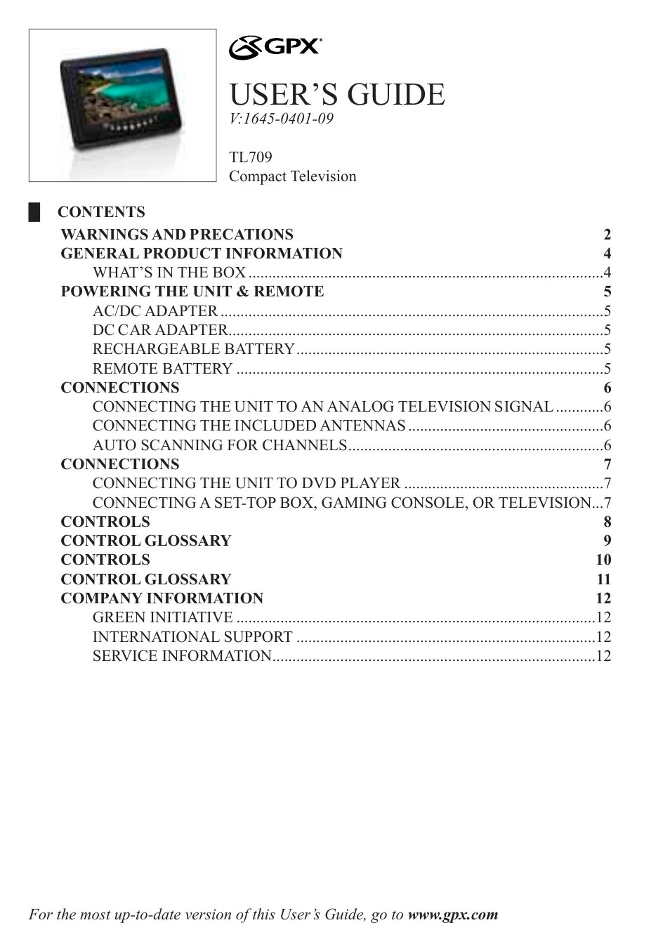 GPX TL709 User Manual | 12 pages