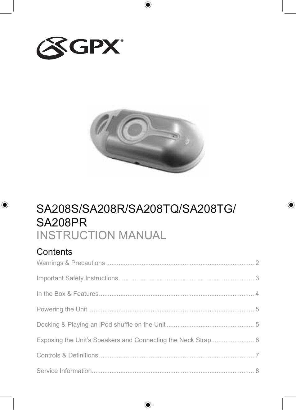 GPX SA208TG User Manual | 8 pages