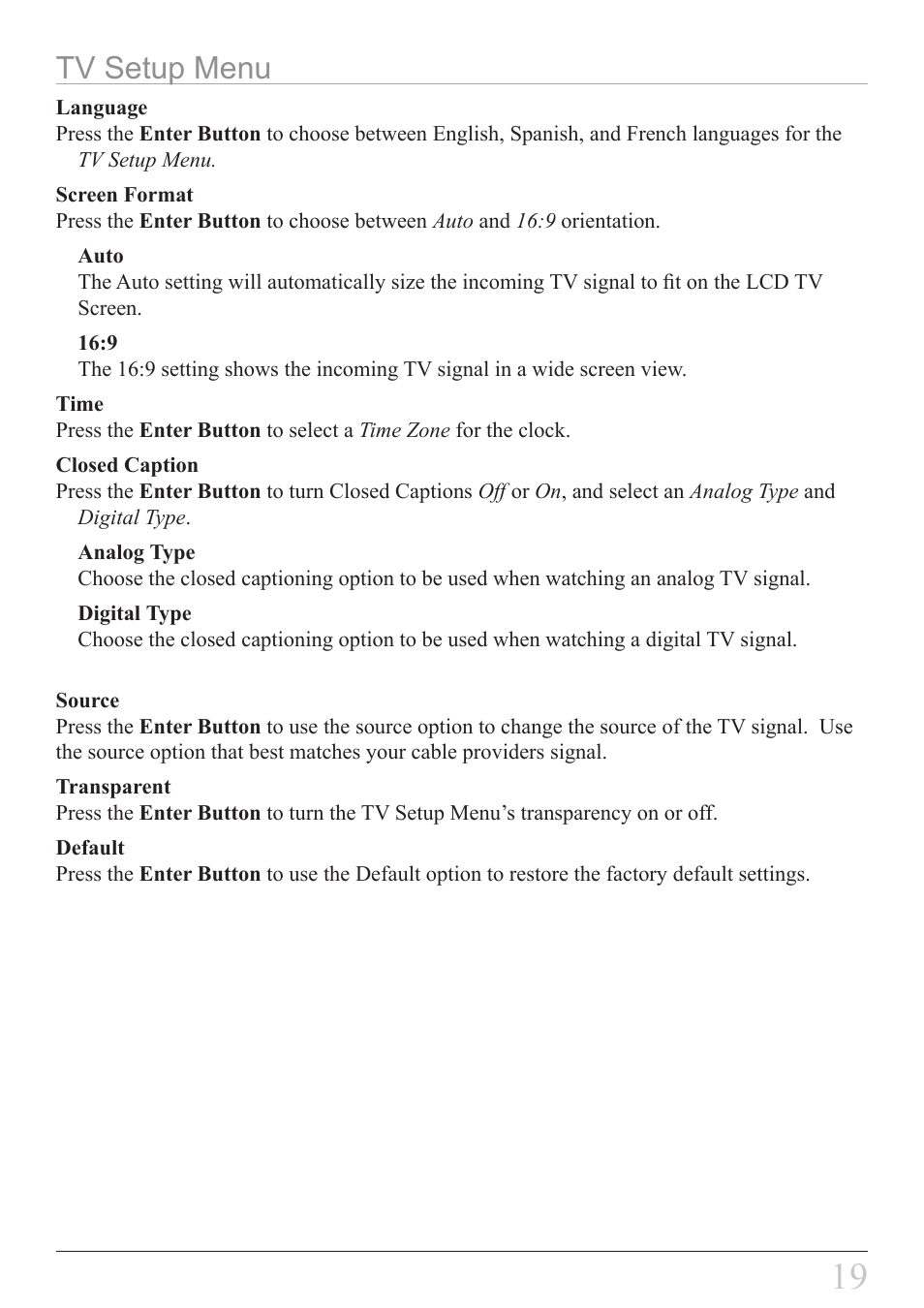 Tv setup menu | GPX KL858S User Manual | Page 19 / 20