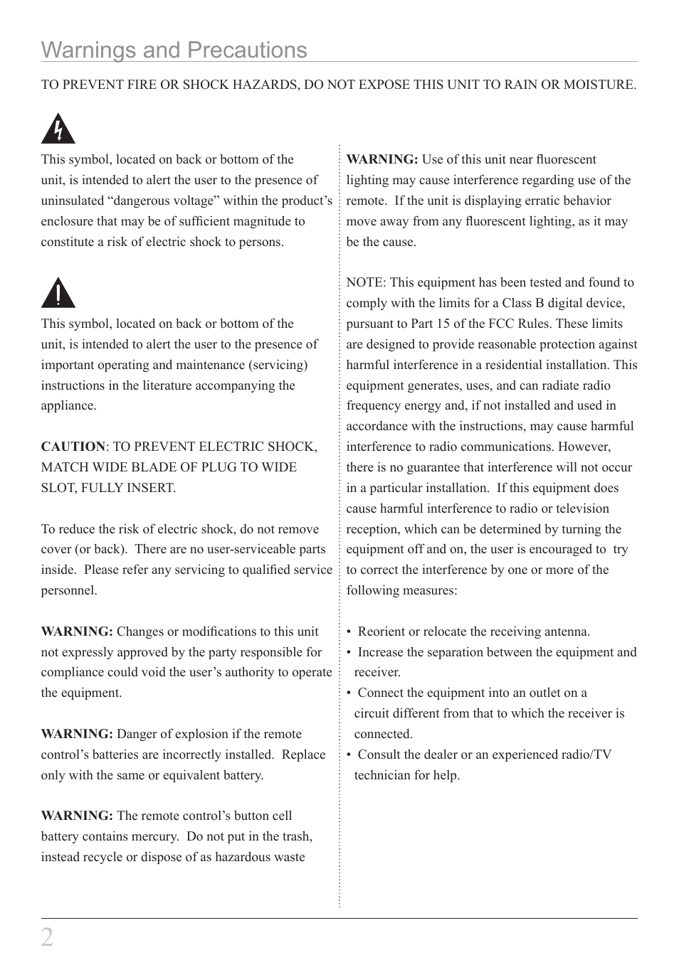 Warnings and precautions | GPX KL858S User Manual | Page 2 / 20