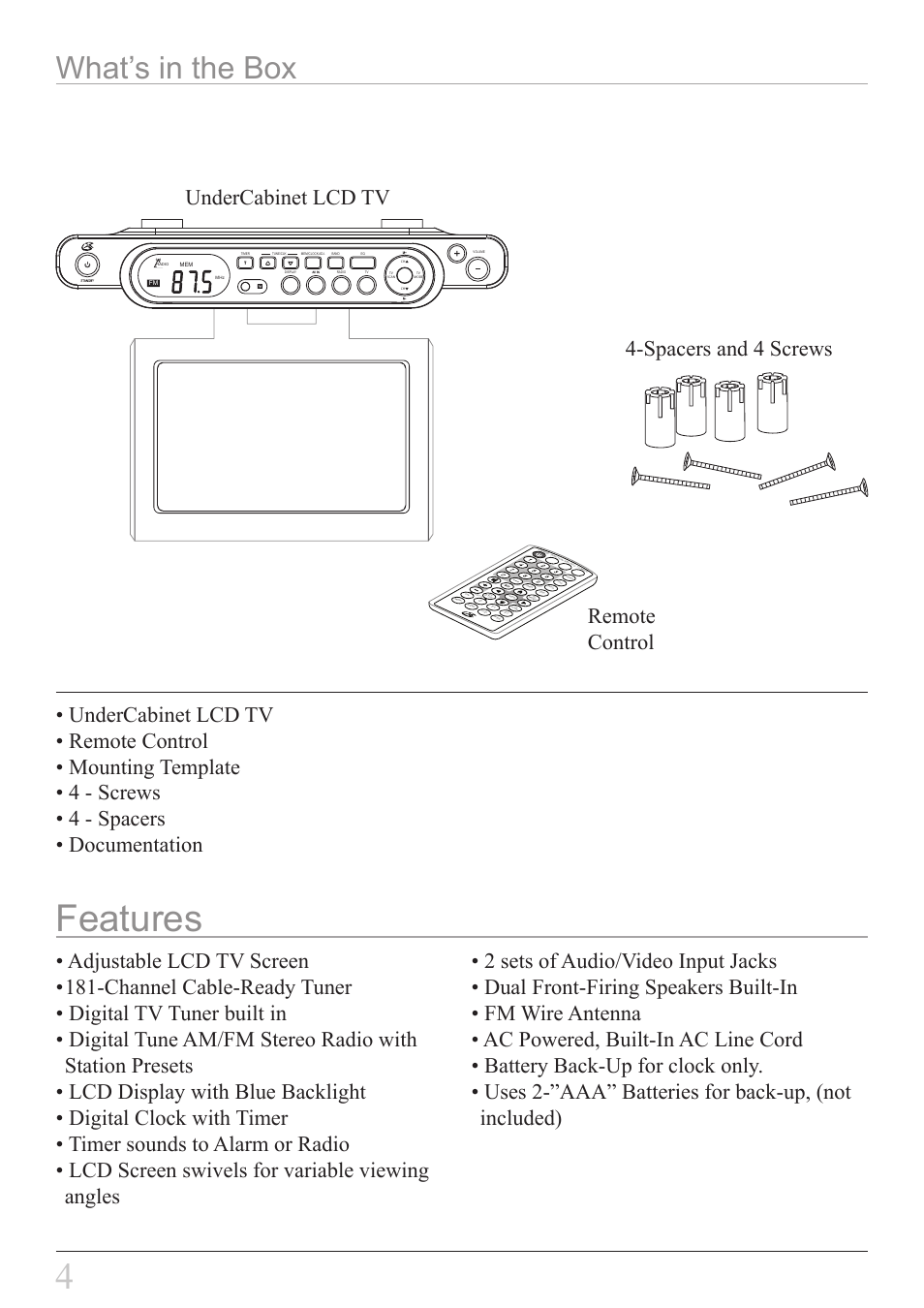 Features, What’s in the box, On /o ff | Tu ne/ clk, Mem /clk | GPX KL858S User Manual | Page 4 / 20