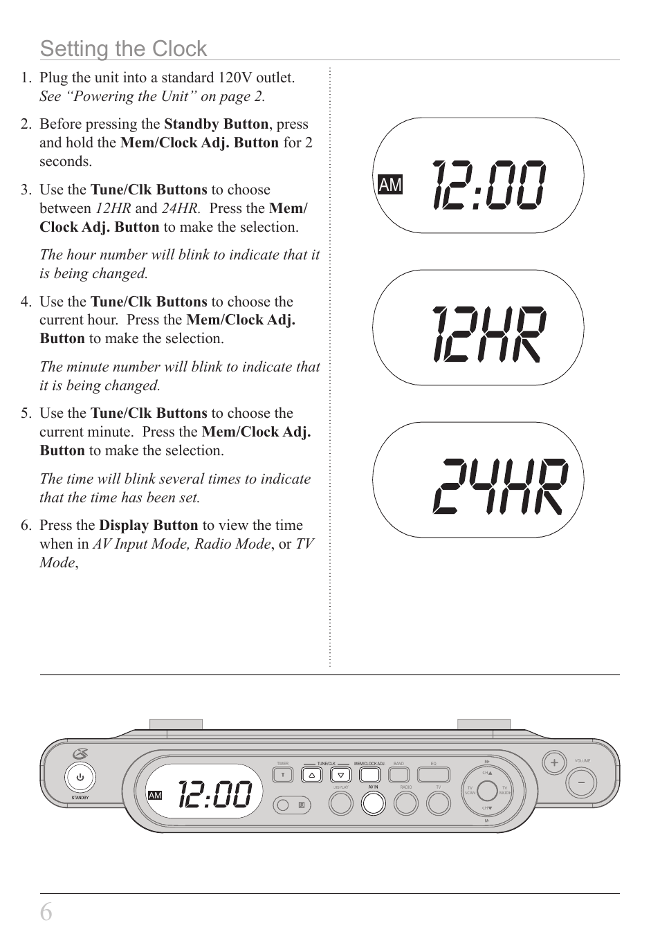 Setting the clock | GPX KL858S User Manual | Page 6 / 20