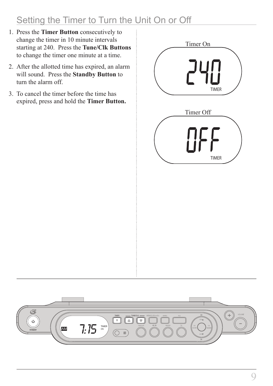 Setting the timer to turn the unit on or off, Timer on, Timer off | Timer | GPX KL858S User Manual | Page 9 / 20