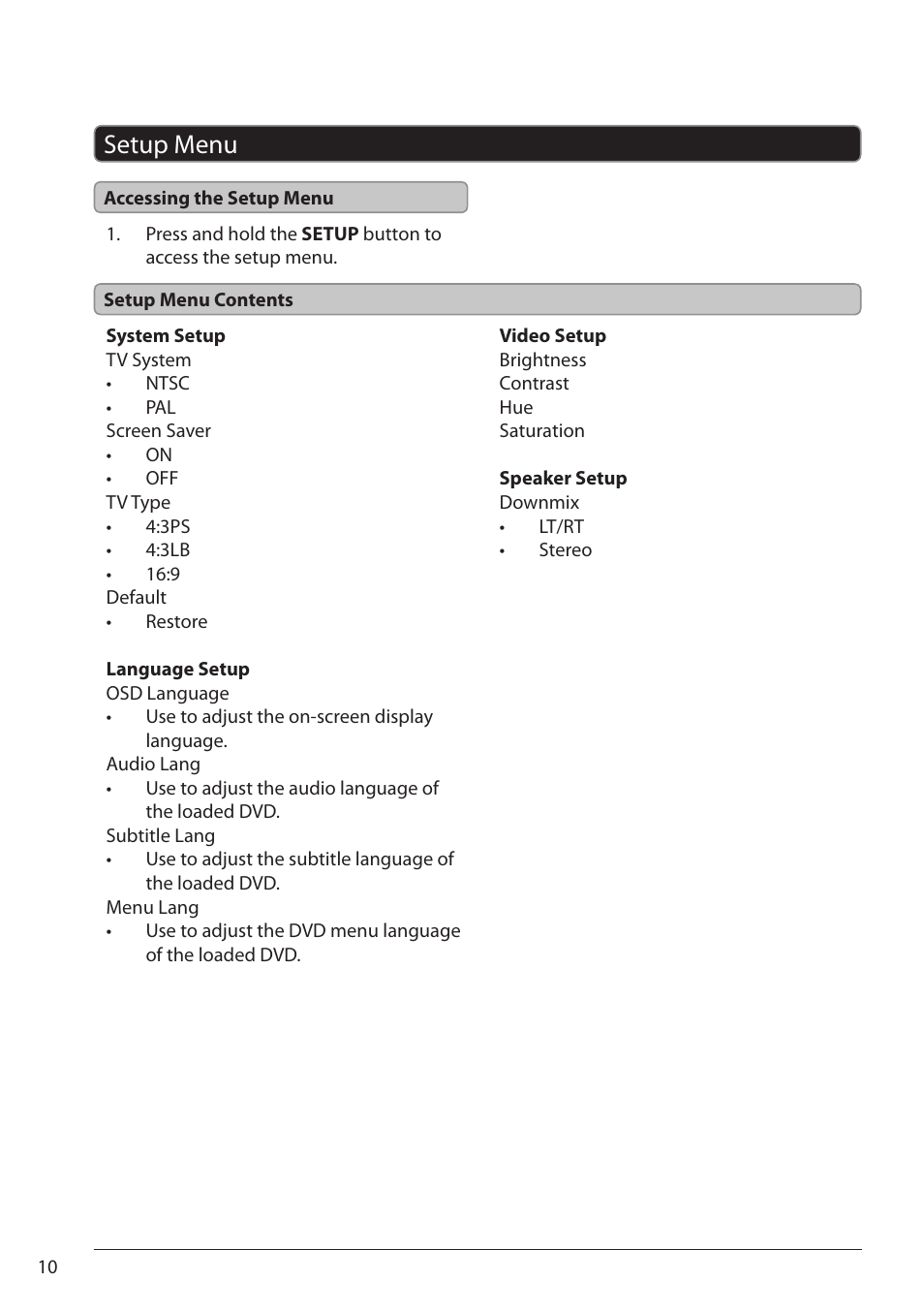 Setup menu | GPX PD701 User Manual | Page 10 / 12