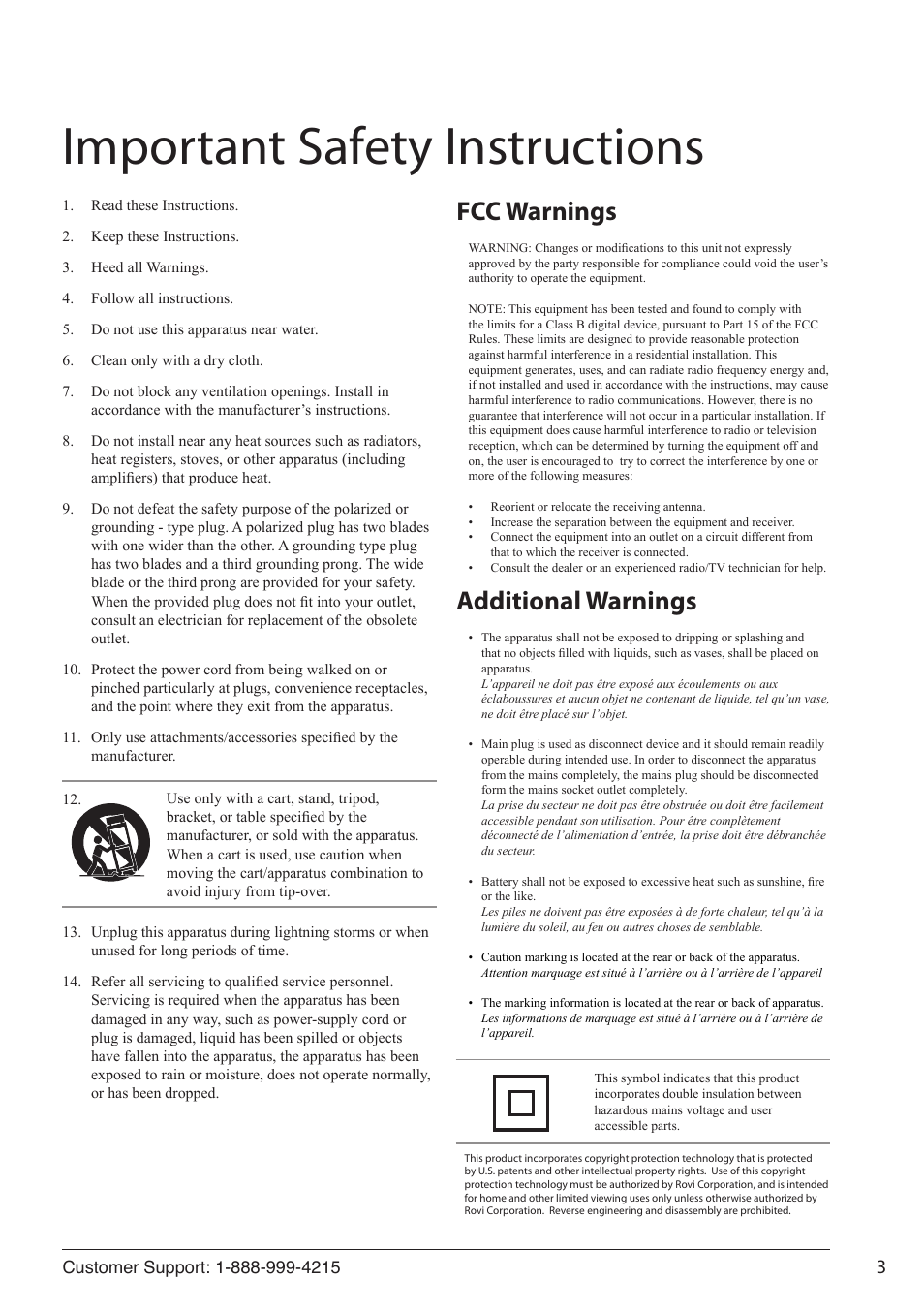 Important safety instructions, Fcc warnings additional warnings | GPX PD701 User Manual | Page 3 / 12