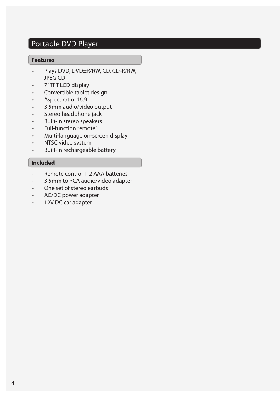 Portable dvd player | GPX PD701 User Manual | Page 4 / 12