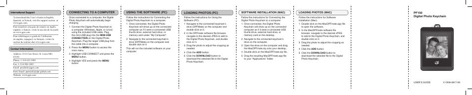 Pf150 digital photo keychain, Connecting to a computer, Using the software (pc) | Loading photos (pc) | GPX PF150B User Manual | Page 2 / 2