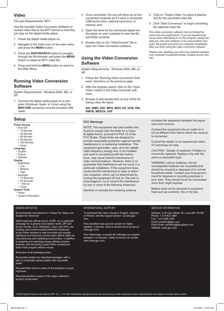 Setup, Video, Running video conversion software | Using the video conversion software | GPX ML660 User Manual | Page 2 / 2