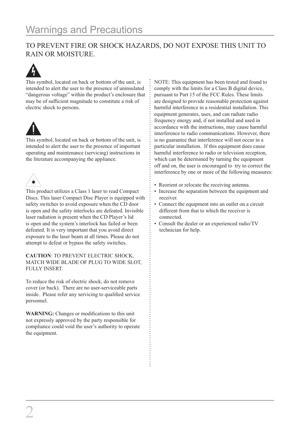 Warnings and precautions | GPX SA308S User Manual | Page 2 / 8