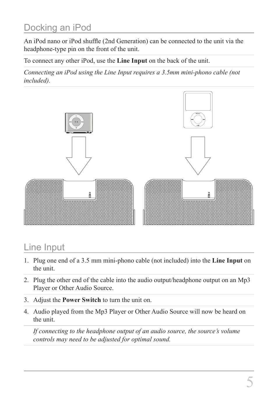 Docking an ipod, Line input | GPX SA308S User Manual | Page 5 / 8