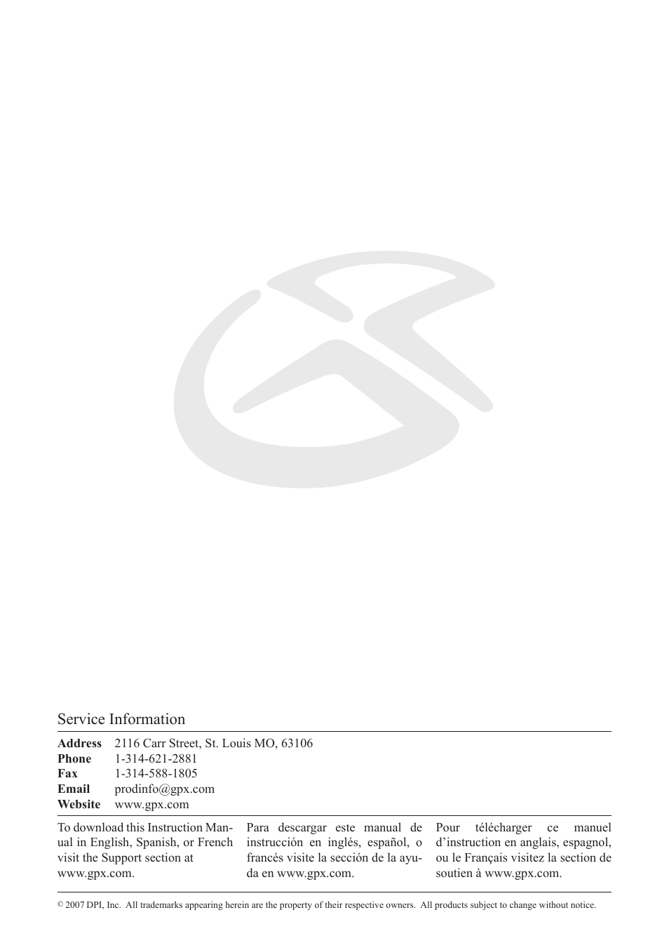 Service information | GPX SA308S User Manual | Page 8 / 8